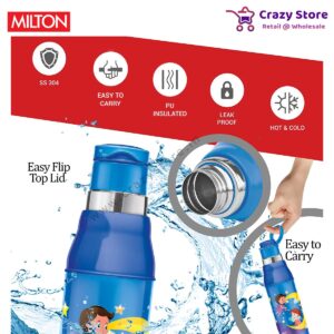 Milton Kool Steelight 600 Insulated Kids Bottle with Inner Steel, 520 ml, Blue | Leak Proof | BPA Free | Hot and Cold