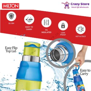 Milton Kool Steelight 600 Insulated Kids Bottle with Inner Steel, 520 ml, Lemon | Leak Proof | BPA Free | Hot and Cold