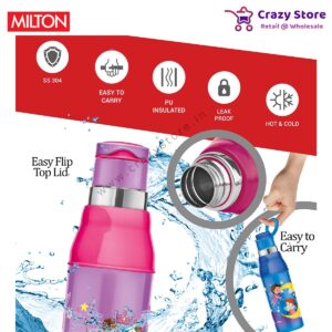 Milton Kool Steelight 600 Insulated Kids Bottle with Inner Steel, 520 ml, Purple | Leak Proof | BPA Free | Hot and Cold