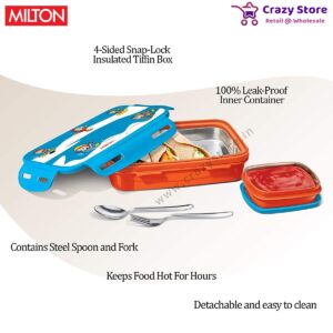 Milton Steely Deluxe Mini Inner Steel Kids Tiffin Box, 400 ml, Blue | School Lunch Box | Leak Proof (Inner Steel & Outer Plastic