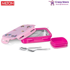 Milton Steely Deluxe Mini Inner Steel Kids Tiffin Box, 400 ml, Pink | School Lunch Box | Leak Proof (Inner Steel & Outer Plastic